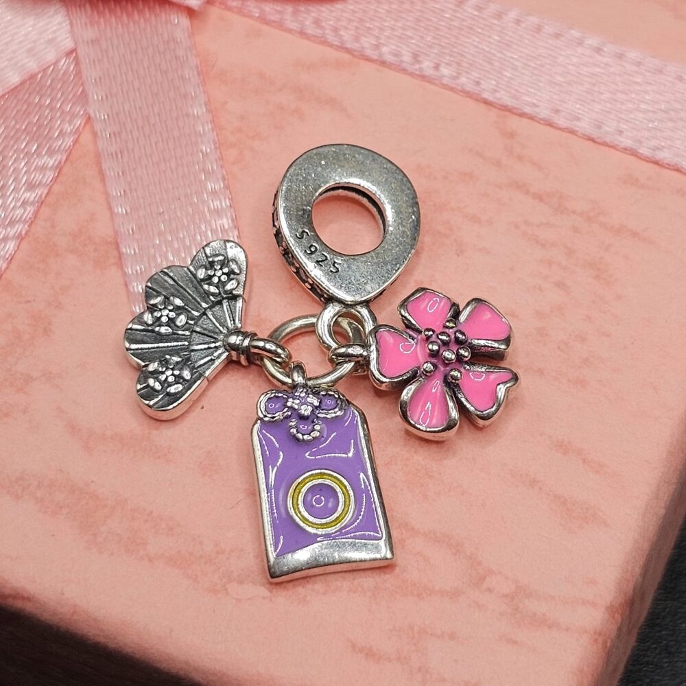 Sterling Silver 925 Japanese Sakura, Omamori, and Fan Dangle Charm